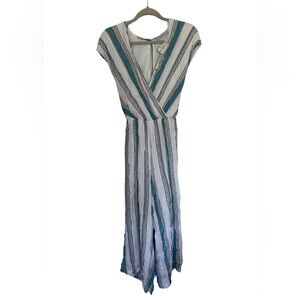 Boutique Striped Wrap Jumpsuit XL White Teal Gray